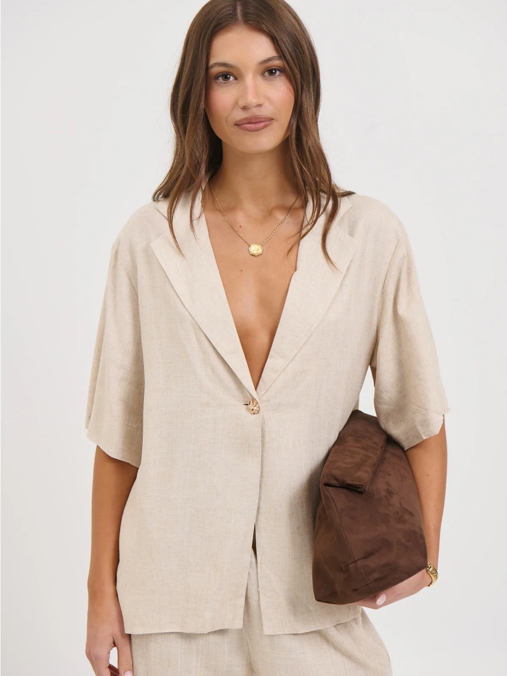Relaxed Tan/Cream Wide-Leg Pantsuit Set — image 3 of 6